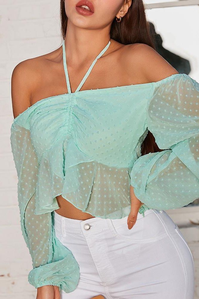 Off Shoulder Swiss Dot Peplum Top in Lightweight Fabric