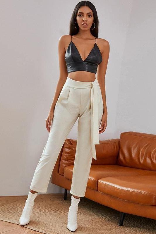 Knotted Belt White Lightweight Women Pants