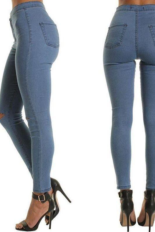 Thin Knee Holes And Feet Casual Pants in Soft Denim