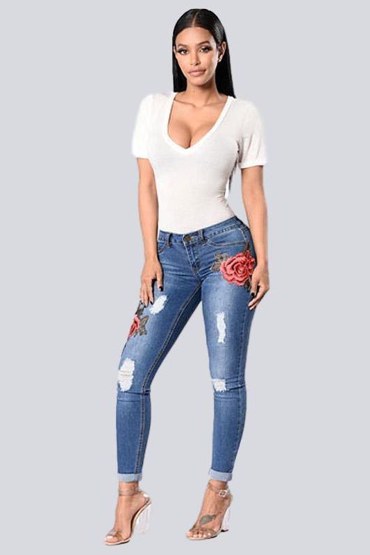 High-Waist Stretch Embroidered Ripped Jeans