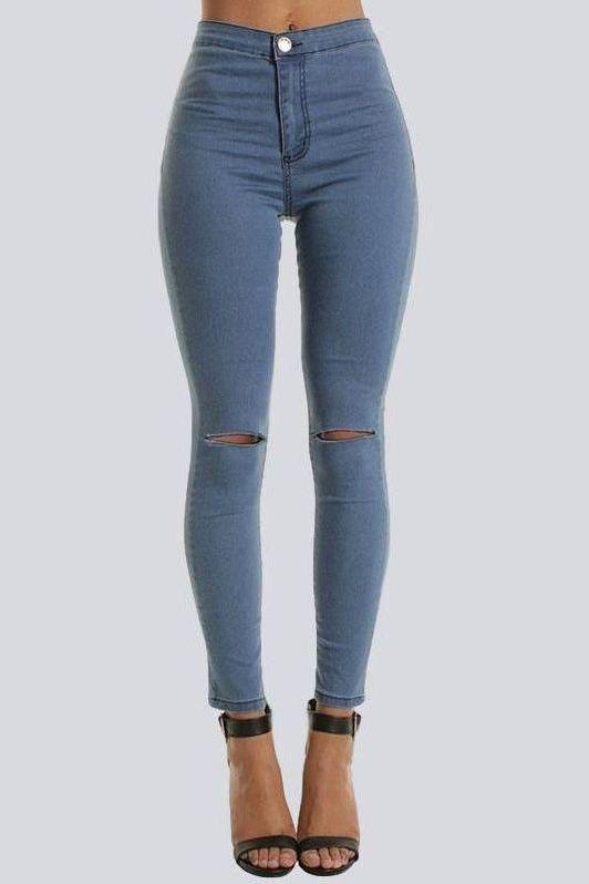 Thin Knee Holes And Feet Casual Pants in Soft Denim