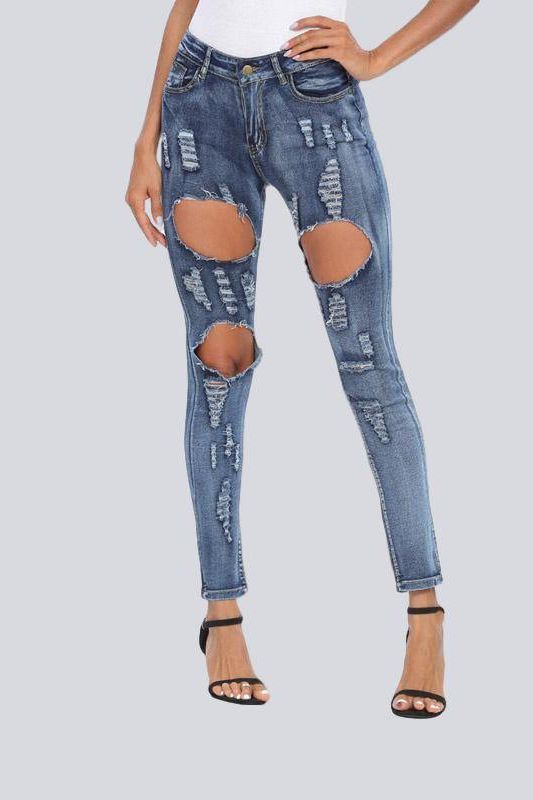 Skinny Stretch-Through Hole Jeans in High-Waist Fit