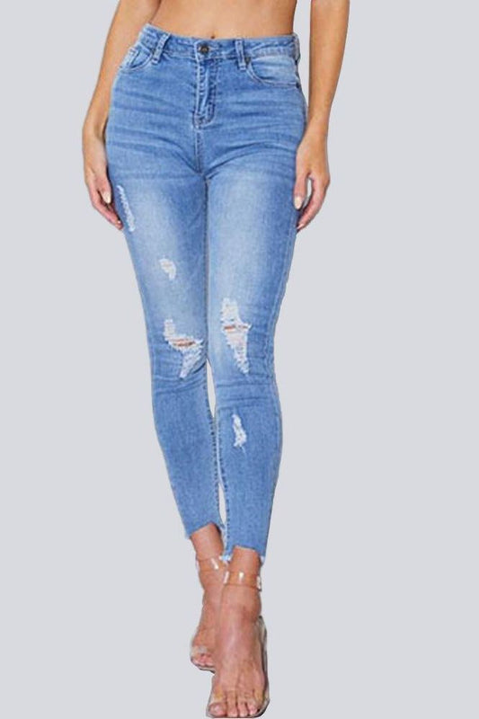 Elastic Ripped Cutout Cuff Slim Jeans