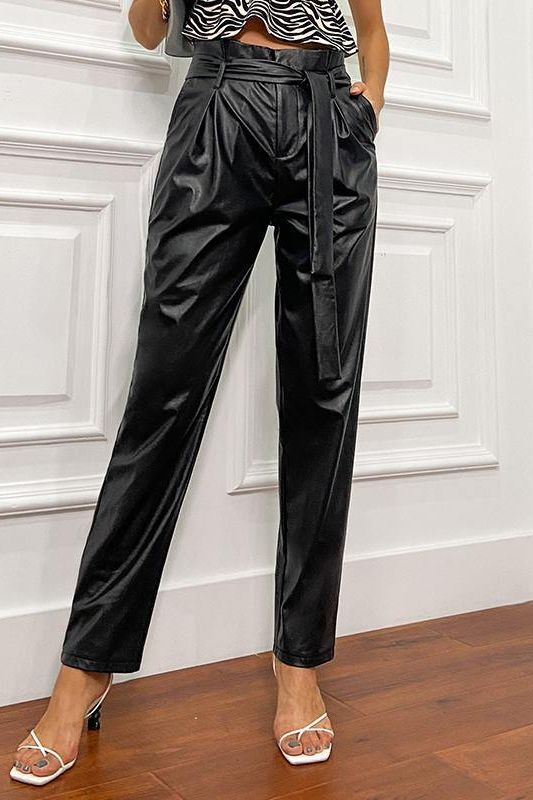 Paperbag Waist Belted PU Leather Pants