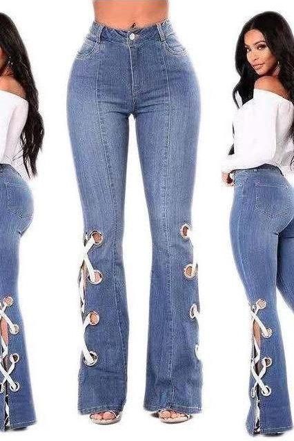 High Waist Side Fork Strap Horn Skinny Jeans