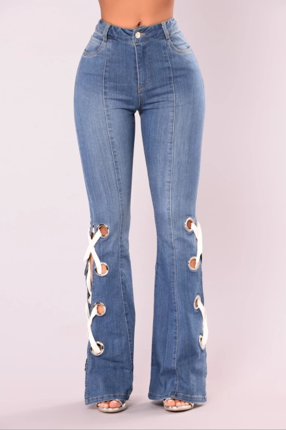 High Waist Side Fork Strap Horn Skinny Jeans