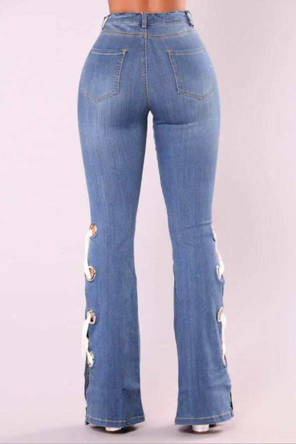 High Waist Side Fork Strap Horn Skinny Jeans