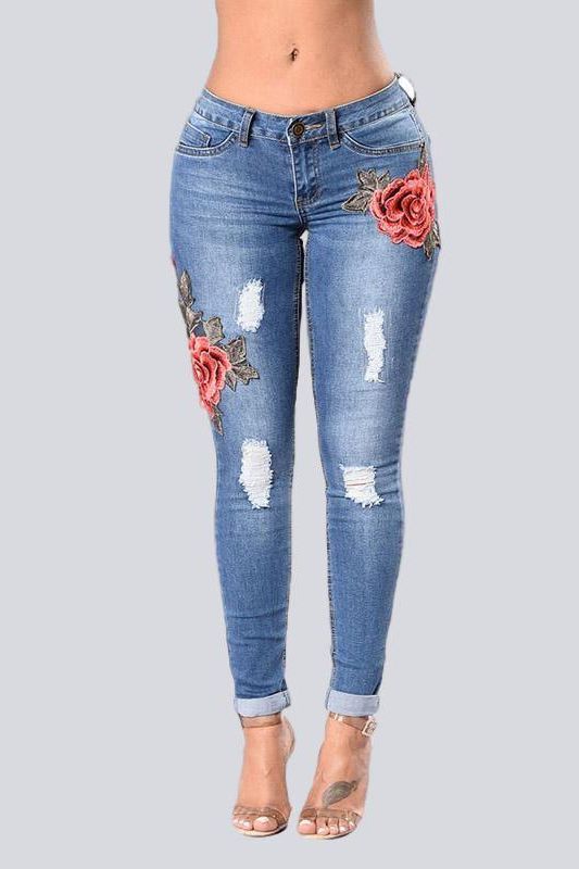 High-Waist Stretch Embroidered Ripped Jeans