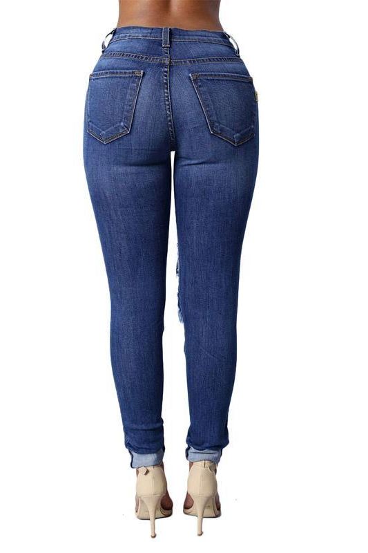 High Waist Jeans with Ripped Hips and Ankle Length