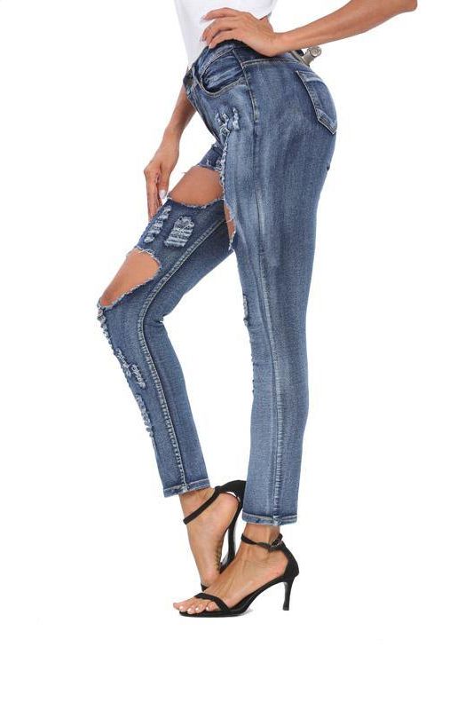 Skinny Stretch-Through Hole Jeans in High-Waist Fit