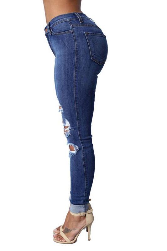 High Waist Jeans with Ripped Hips and Ankle Length