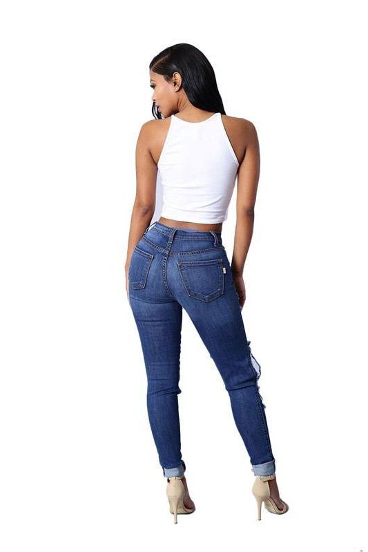 High Waist Jeans with Ripped Hips and Ankle Length