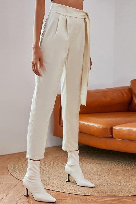 Knotted Belt White Lightweight Women Pants