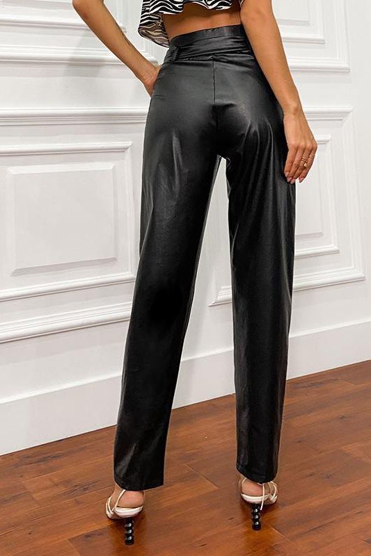 Paperbag Waist Belted PU Leather Pants