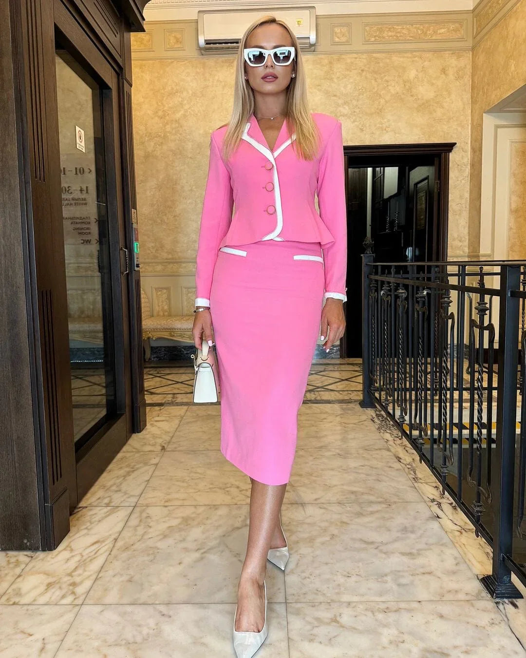 Elegant Pink Chain Blazer and Midi Skirt Set