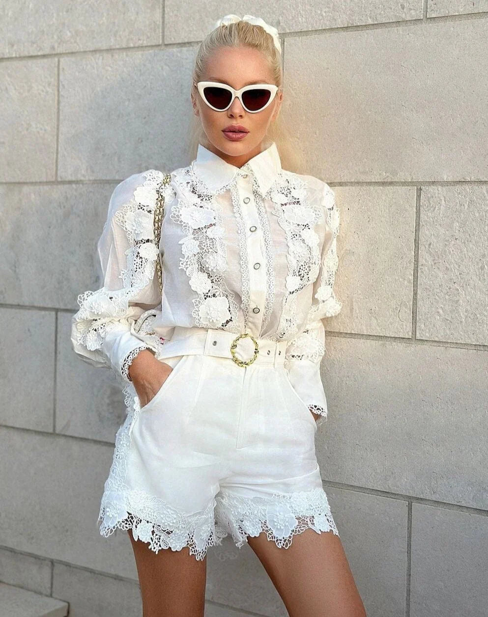 Carolina Two Piece Lace Shirt and High Waist Shorts