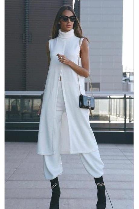 Round Neck Sleeveless Knitted Slit Front Dress