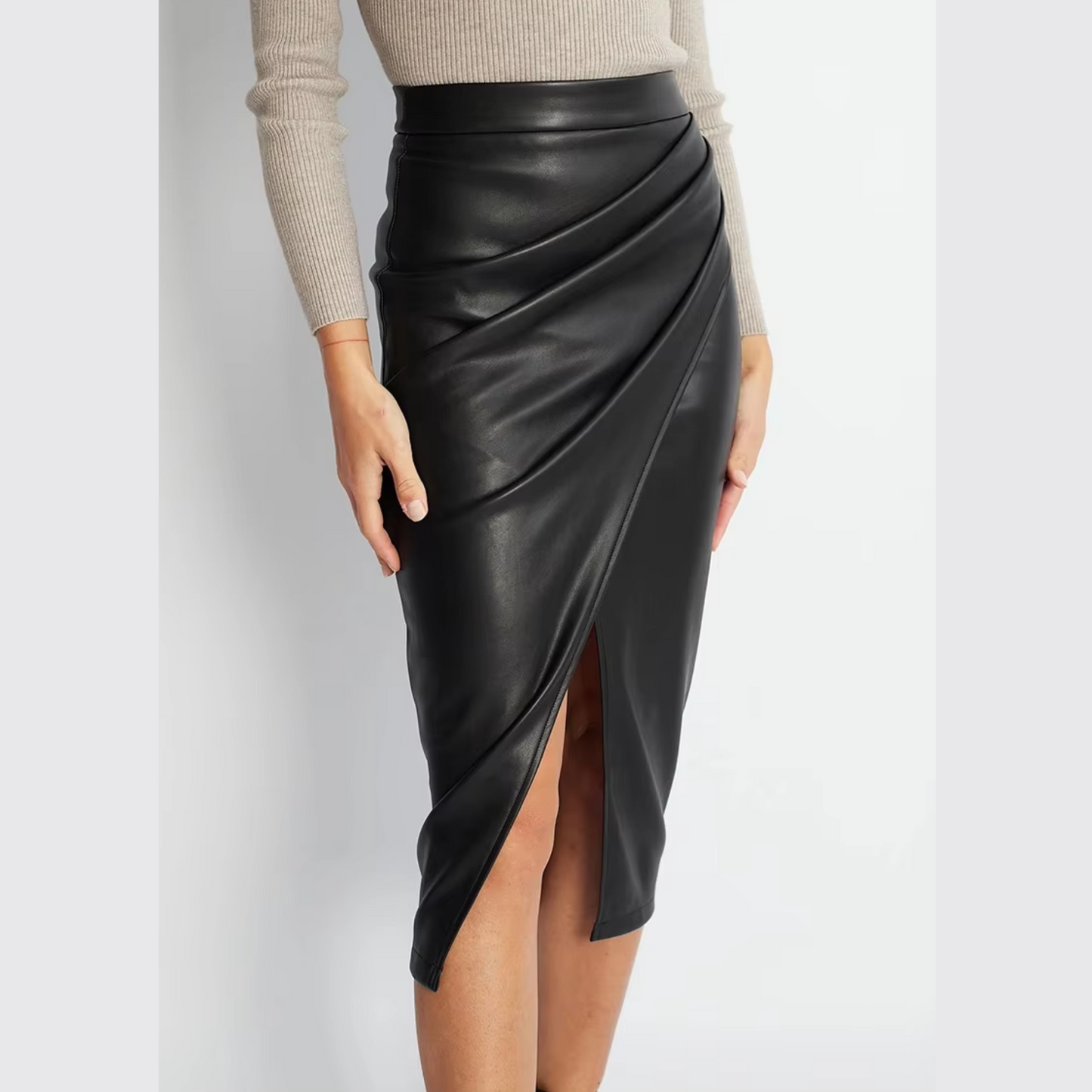 High Waist Faux Leather Midi Skirt