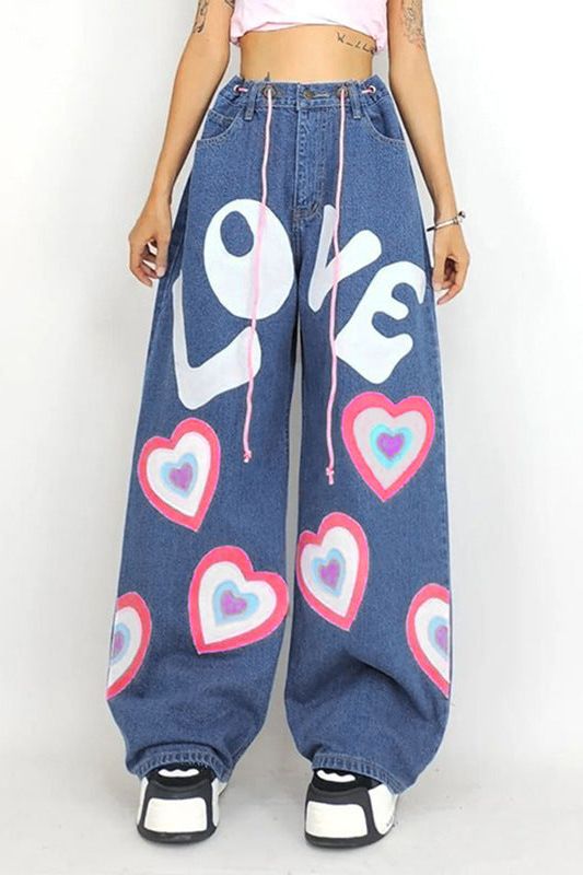 Graffiti Printed Wide-Leg Floor-Length Jeans