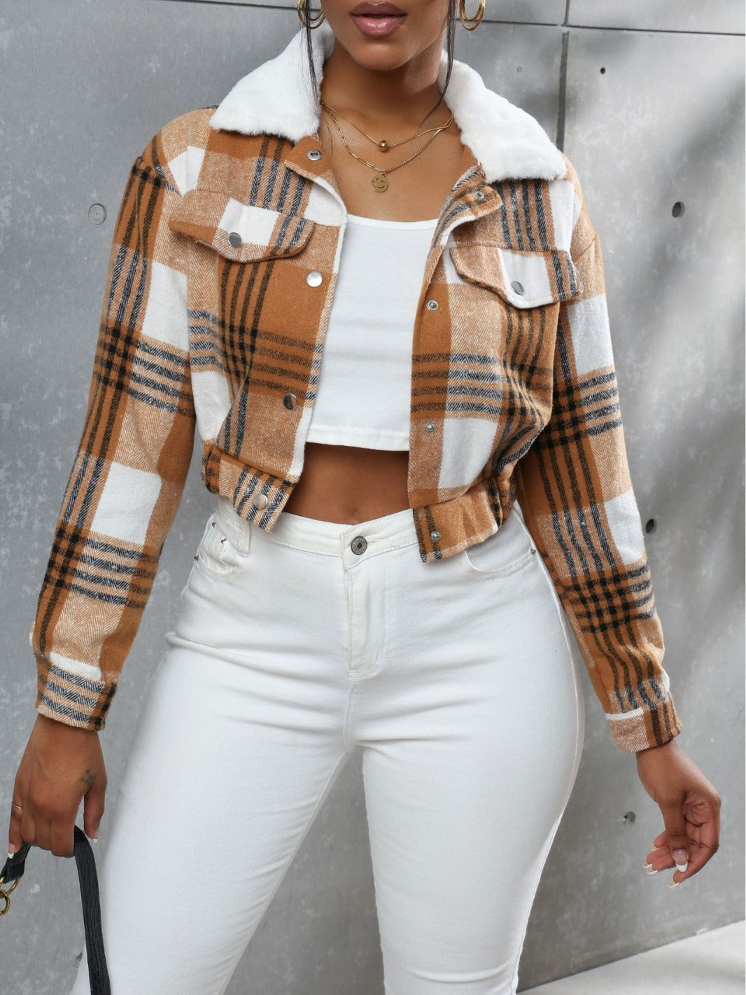 Plaid Long-Sleeved Cropped Jacket