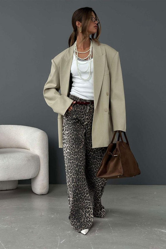 Leopard Design Loose Wide-Leg Trousers for Bold Style