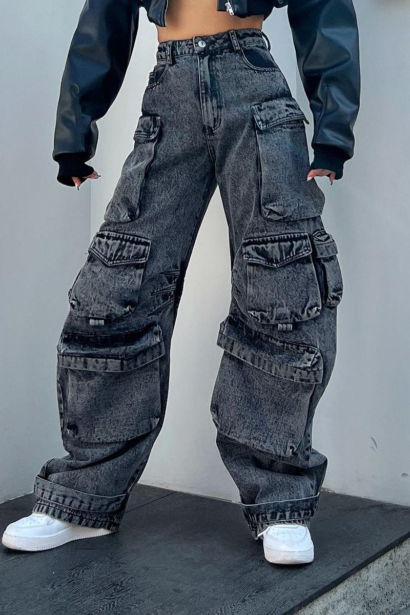 Old Stitching Multi-Pocket Smoke Gray Loose Jeans