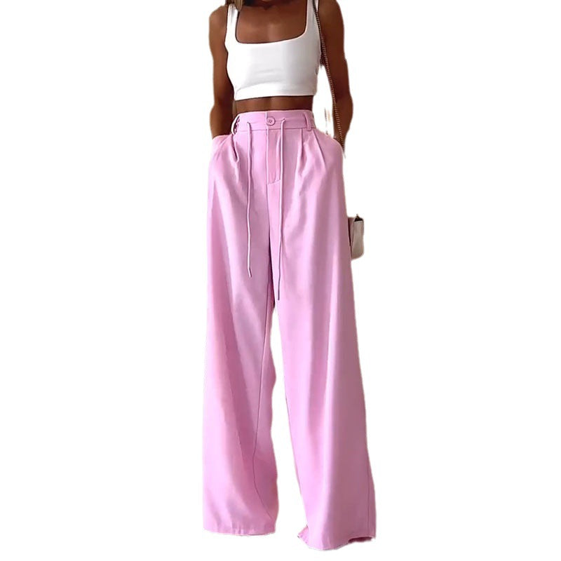 Loose Pink Long Pants and White Crop Top Set