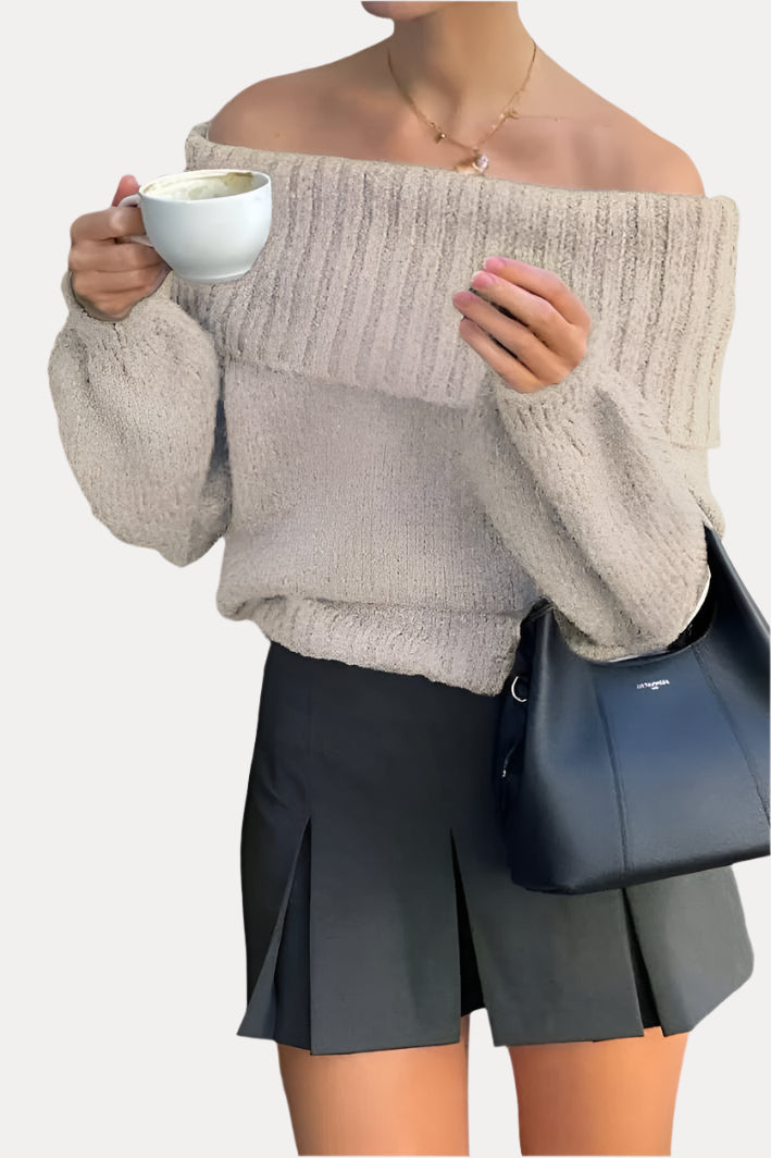 Off Shoulder Lantern Sleeve Knitted Sweater