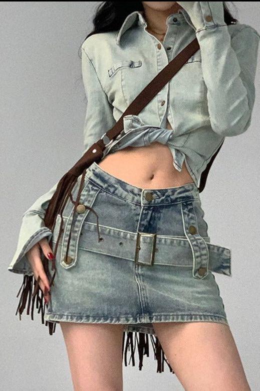 Retro American Denim Mini Skirt with Flattering Fit