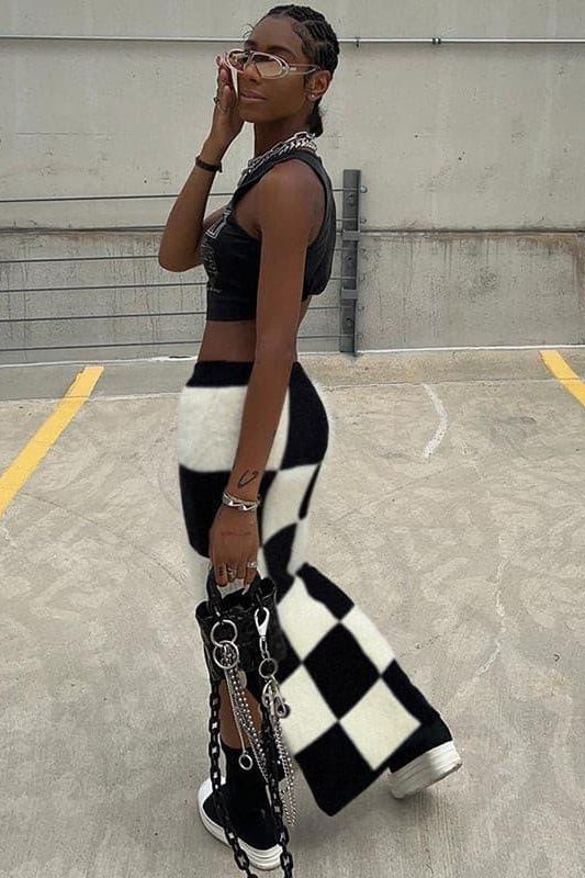 High Waist Slim Slit Checkerboard Skirt