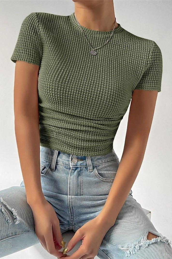 Slim Versatile Pleated Round Neck T-shirt