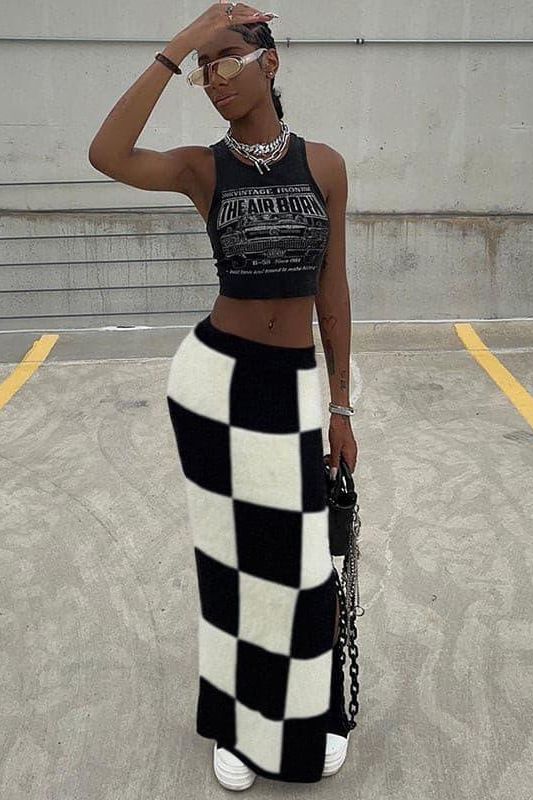 High Waist Slim Slit Checkerboard Skirt