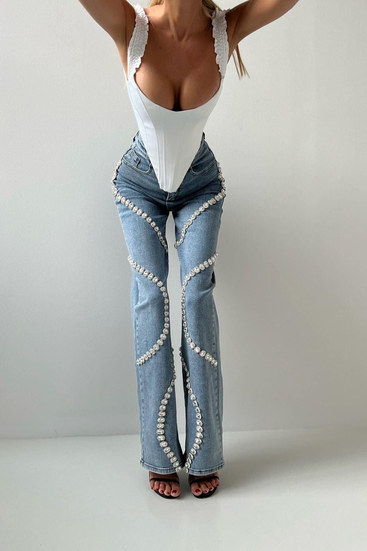 Denim Diamond Straight Jeans with Rhinestone Detail