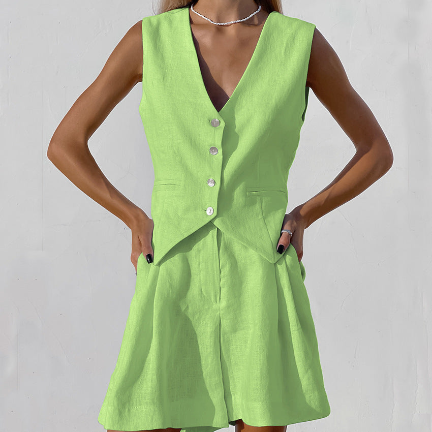 Linen Vest Suit with Sleeveless Top and Shorts