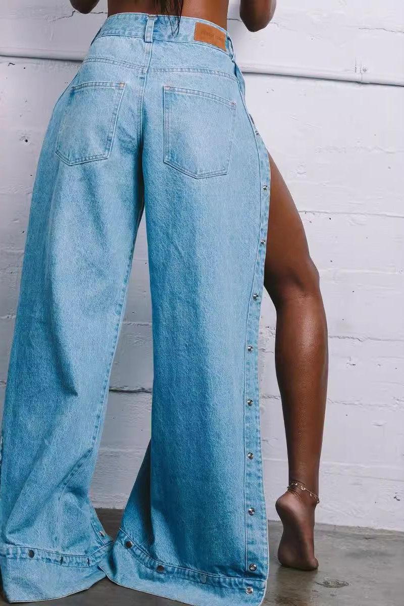 Wide-Leg With Side Button Denim Jeans