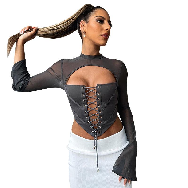 Round Neck Long Sleeve Backless Mesh Bodycon Top