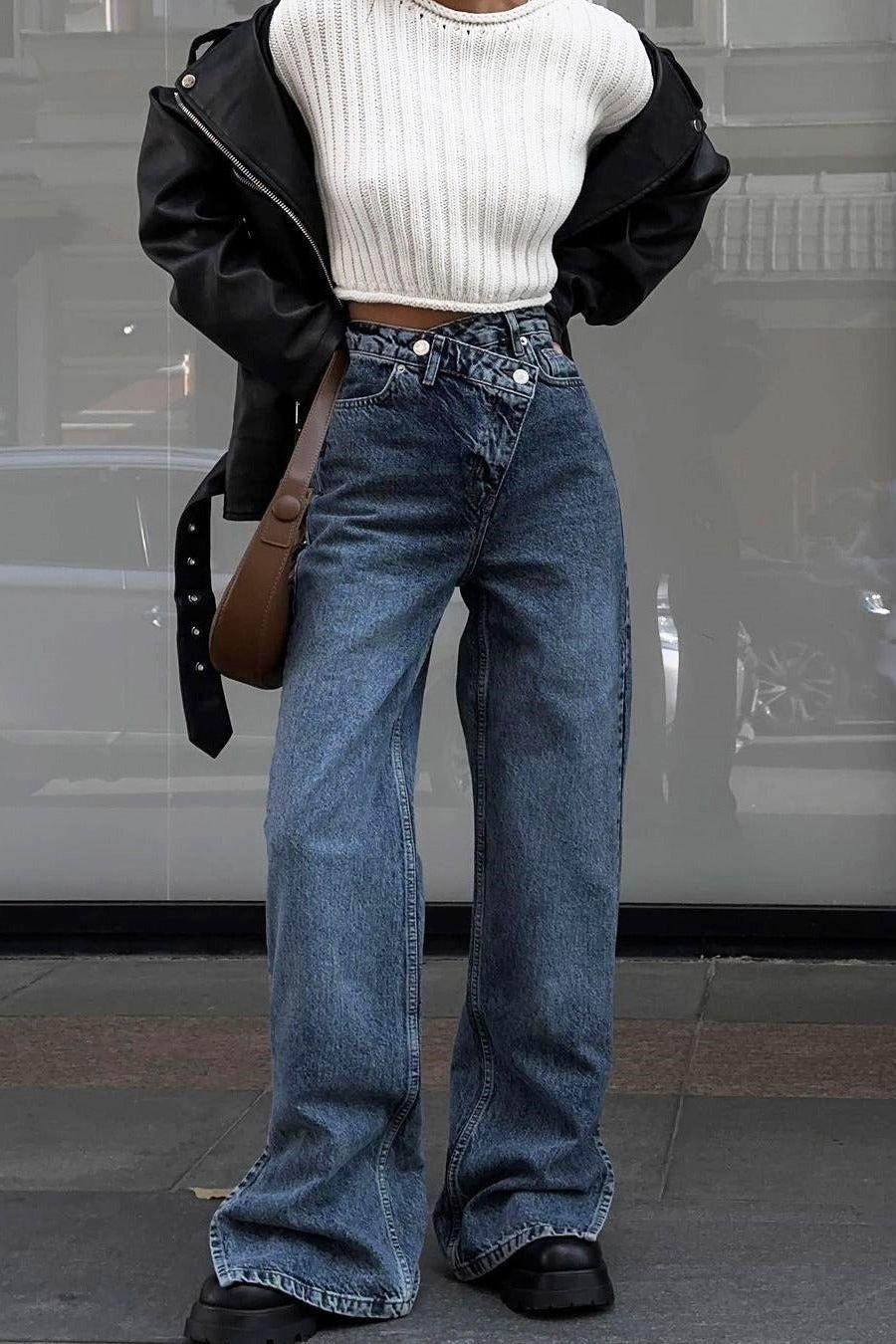 High Waist Split Front Cross Straight Jeans