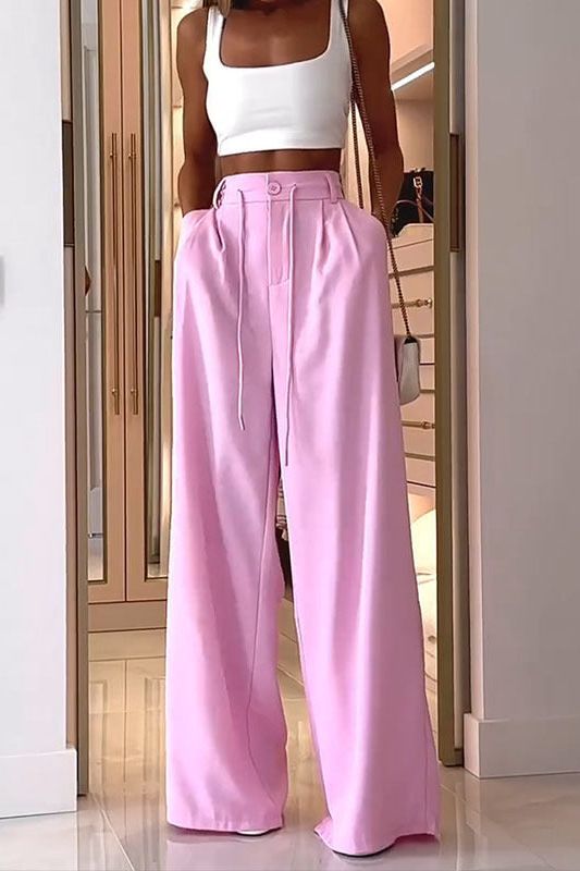 Loose Pink Long Pants and White Crop Top Set