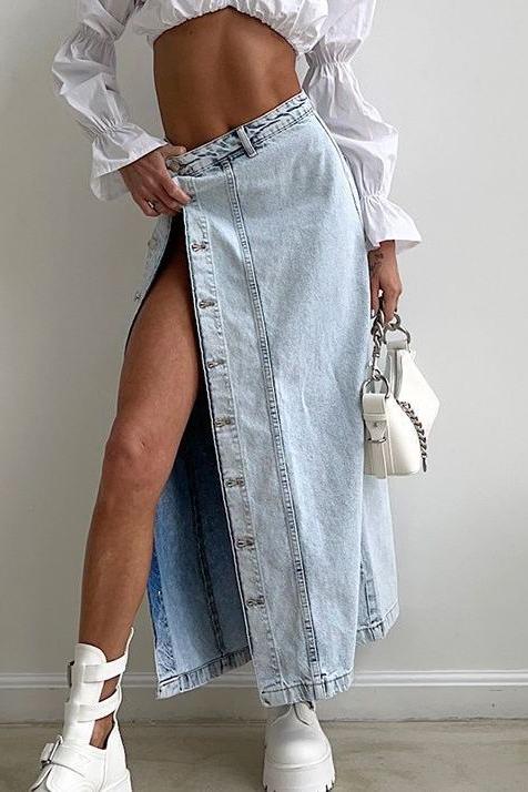 American Retro Slit Denim Long Skirt