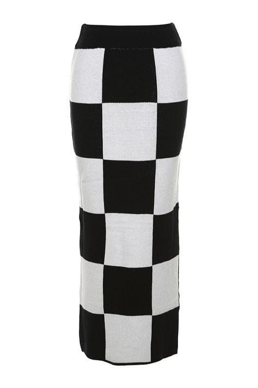 High Waist Slim Slit Checkerboard Skirt