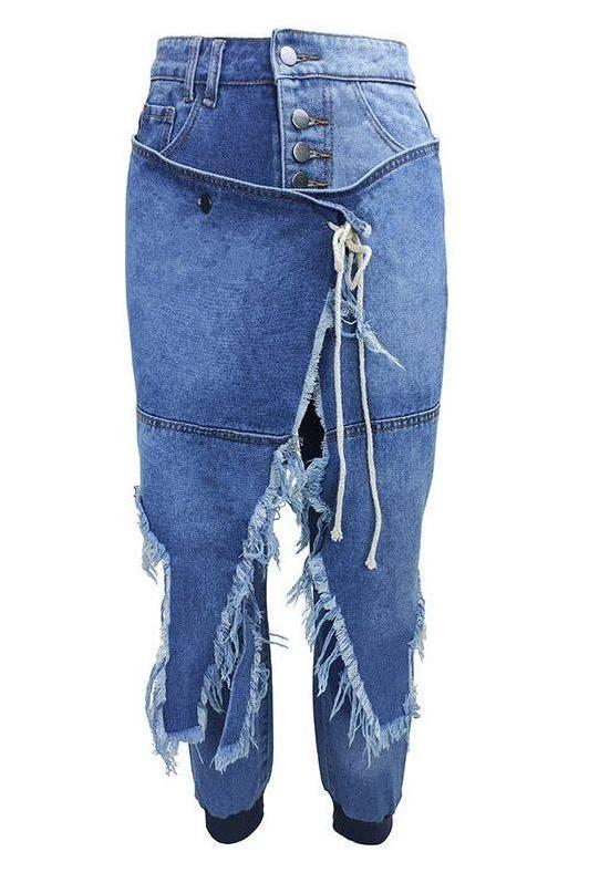 Ripped Lace-Up Threaded Denim Jeans