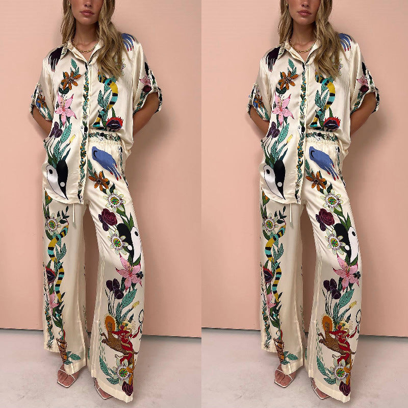 Printed Satin Matching Set with Floral Pattern