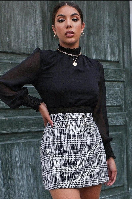 Button Plaid Bag Hip Skirt with Wrap Design