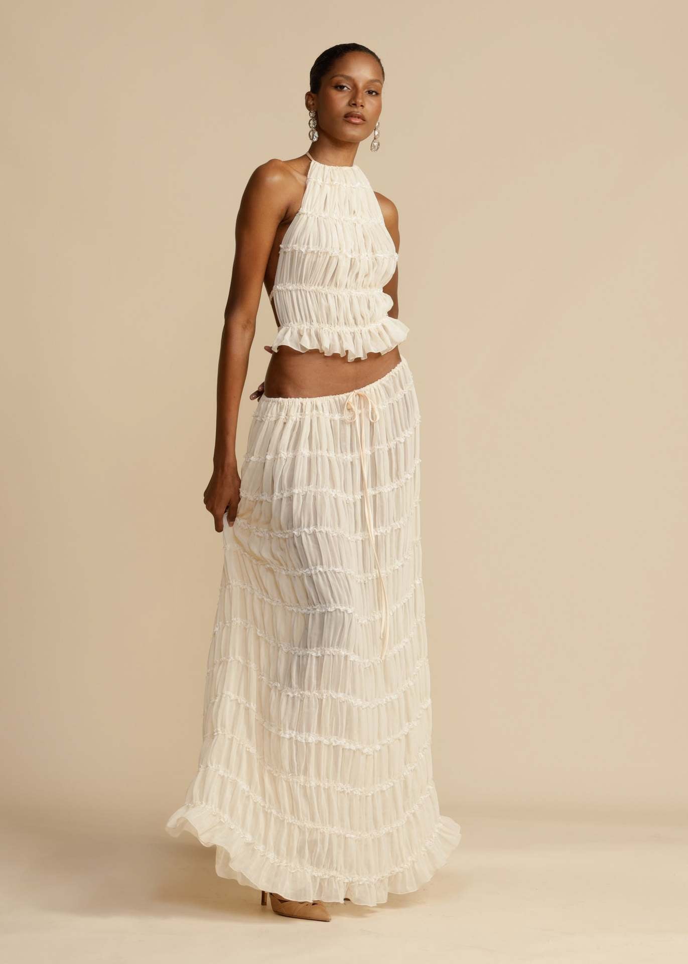 Pleated Two Piece Set with Halter Neckline