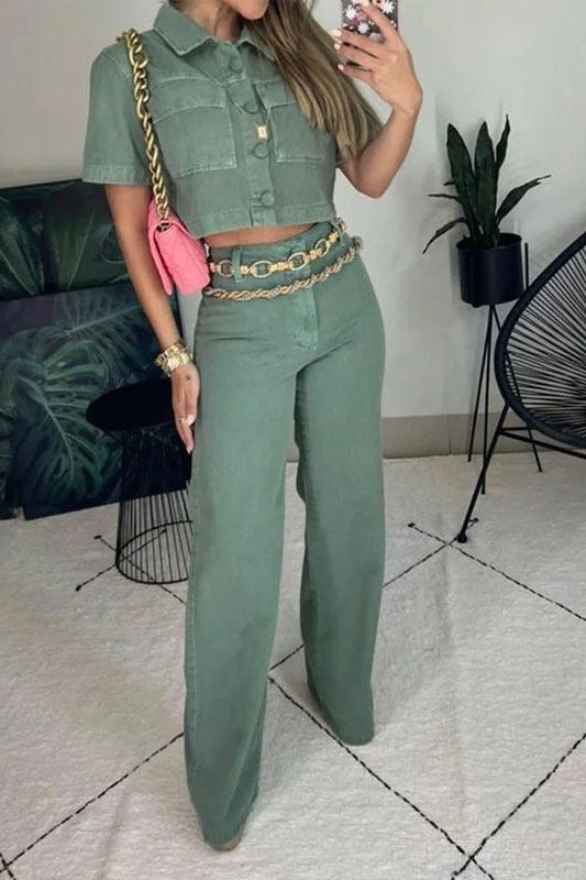 Short Sleeve Lapel High Waist Loose Pant Suit