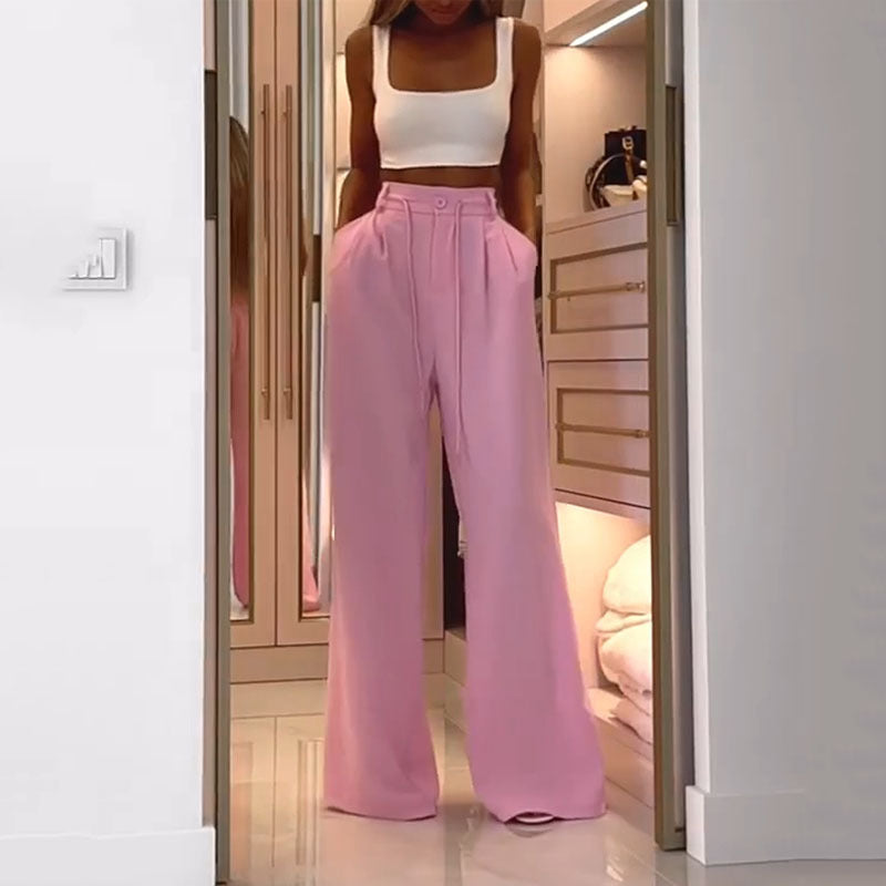 Loose Pink Long Pants and White Crop Top Set