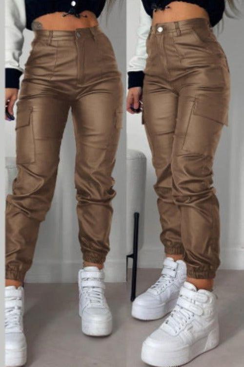 PU Street Style Cargo Pants with Functional Pockets