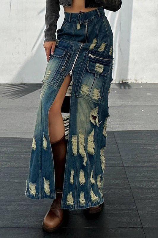 Frayed Slim Fit Denim Long Skirt