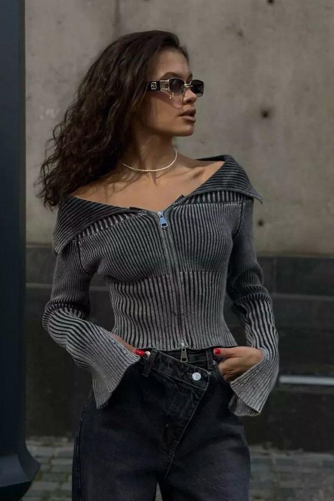 Off Shoulder Slim Fit Zip Up Sweater