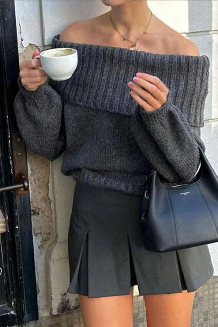 Off Shoulder Lantern Sleeve Knitted Sweater